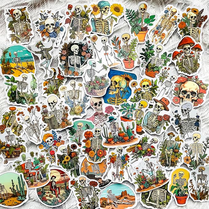 50-Piece Aesthetic Skeleton Plant Stickers – Waterproof Vinyl Floral Skull Decals for Laptop, Water Bottle, Scrapbook, Journal, Bumper – Cute Goth Nature Boho Meme Art Stickers for Adults - skull sticker
