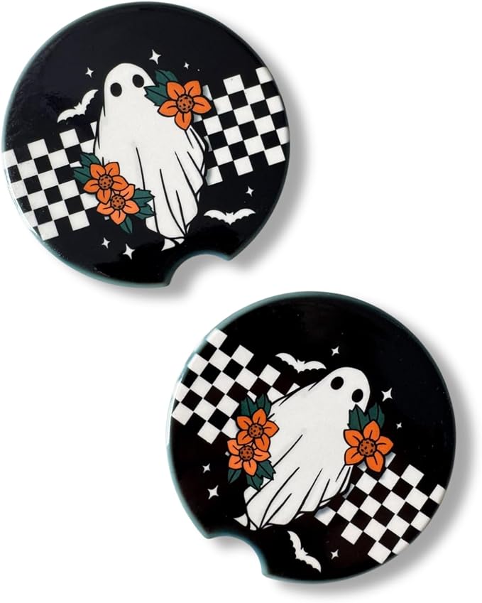 Whimsical Blooms Checkered Ghost Halloween Car Coaster Set Accessories, Spooky Season Cute Ghost Fall Goth Bats Women,Cute Car Cup Holder Coaster, Absorbent Neoprene Car Coaster (Set of 2) - skull coaster