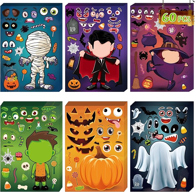 LINAYE 60 Sheets Halloween Stickers Crafts for Kids Toddlers, Make Your Own Stickers, Halloween Goodie Treat Bag Fillers Game Activities and Party Favors - skull sticker