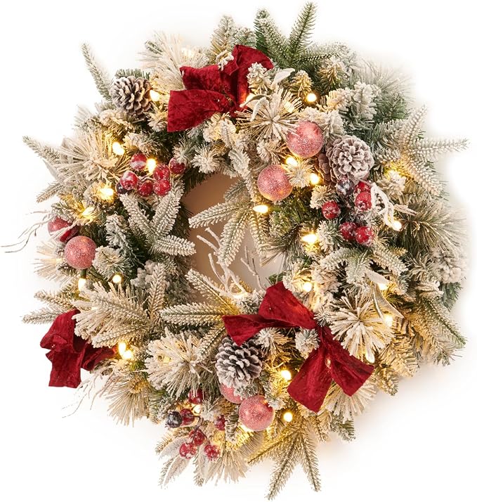 Pre-lit Snow Christmas Wreath with Red Balls,Berries and Bows,24 Inch 50 Battery Operated LED Lights,Holiday Decoration for Front Door Outdoor - skull wreath