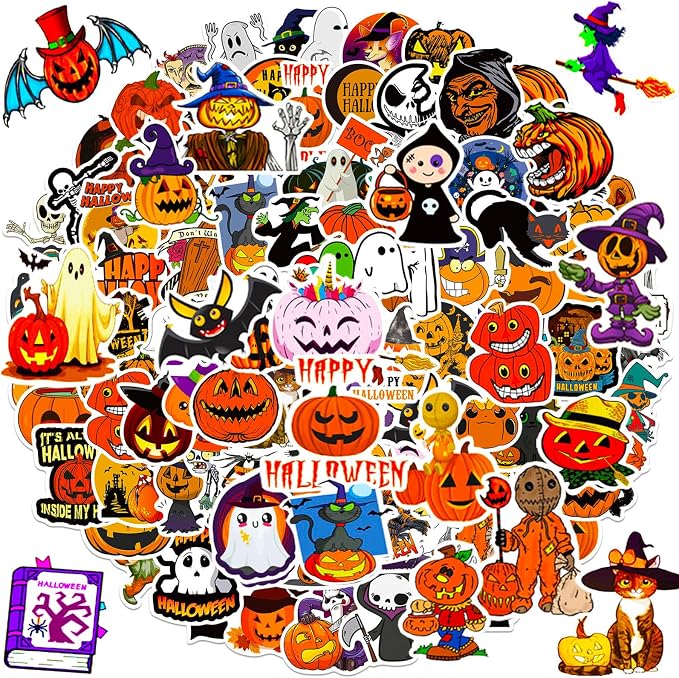 Halloween Stickers, 100Pcs Halloween Pumpkin Theme Stickers Bulk, Vinyl Waterproof Halloween Holiday Party Sticker, Halloween Holiday Gifts for Kids Teens Adults - skull sticker