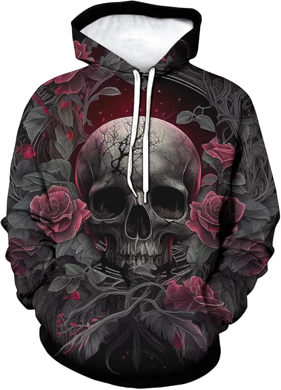 Rose Skull Printed Hoodie For Men Novelty Graphic Hoodies Fashion Pullover With Pocket - skull hoodie