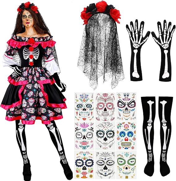 Xaatren 5 Pcs Day of The Dead Costume Skull Dress Veil Gloves - sugar skull dress