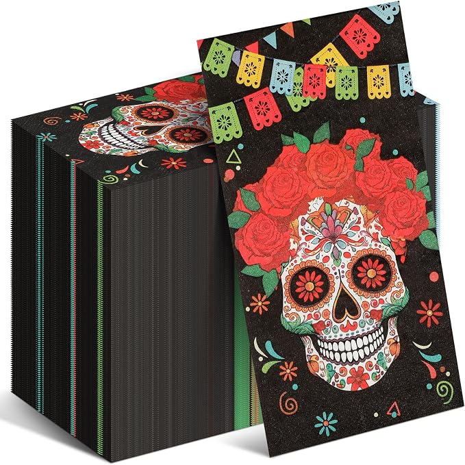 Cholemy 100 Pcs Day of The Dead Napkins Dia De Los Muertos Paper Napkins Halloween Sugar Skull Flowers Napkins Disposable Paper Guest Towels for Cocktail Beverage Mexico Party Favor Supplies 16" x 13" - skull toilet paper