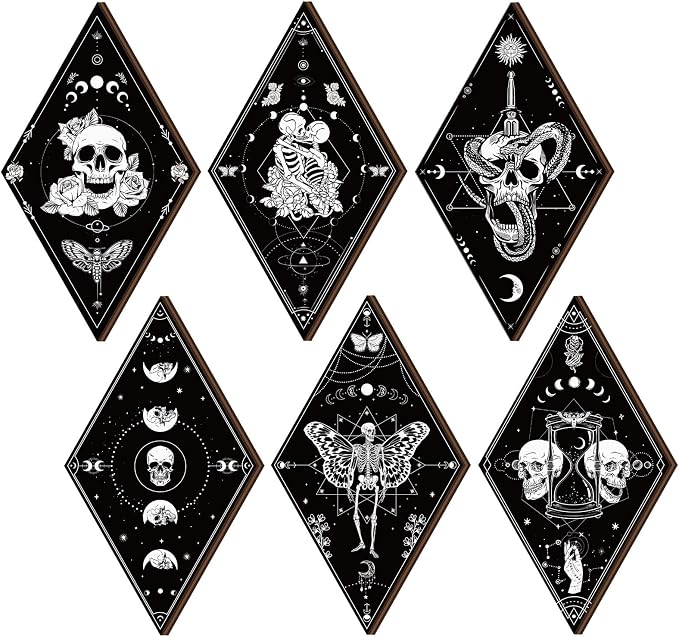 Huwena 6 Pack Gothic Wall Decor for Bedroom Living Room Dark Boho Skull Moon Snake Sun Phase Wooden Hanging Art - skull wall art