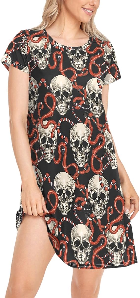 Naanle Chic Beautiful Pattern Women's Comfy Nightgown Short Sleeve Daily Loose Girls Nightshirts Loungewear PJs Dress S-XXL - skull pajamas