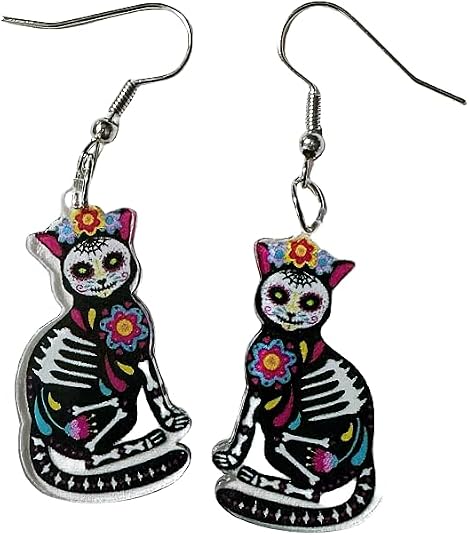 Halloween Mexico Day of The Dead Earrings for Women Acrylic Dangle Drop Sugar Skull Black Cat Earrings Funny Cosplay Festival Jewelry Costume Party Laser Skeleton Horror Accessories - sugar skull makeup