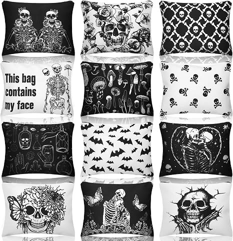Kajaia 12 Pcs Goth Spooky Makeup Bags, Skeleton Cosmetic Pouches for Women - skull suitcase