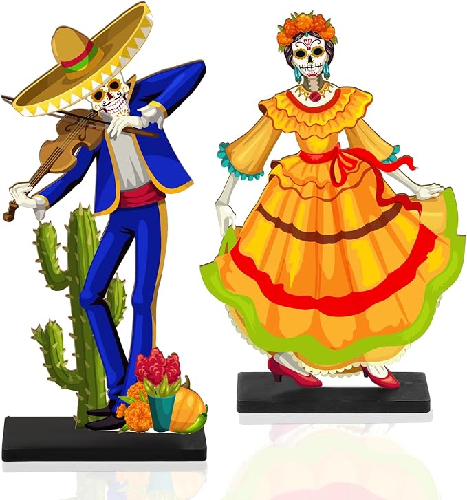 Day of the Dead Centerpieces, Wooden Dancing Couple Sugar Skull Signs - sugar skull ornament