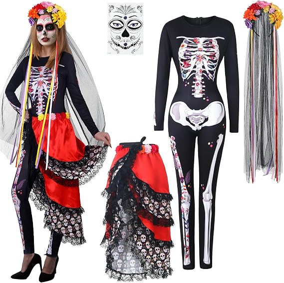 Ramede 4 Pcs Day of the Dead Costume Women Skeleton Bodysuit - sugar skull dress