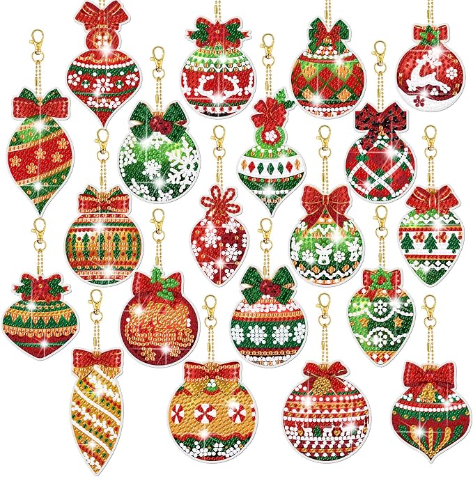 Tondiamo 20 Pcs Christmas Diamond Painting Keychain Kits 5D DIY Diamond Art Pendants Double Sided Hanging Key Chains for Christmas Party Decoration DIY(Balls Style) - skull painting