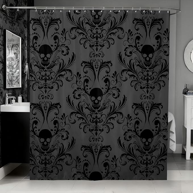 Gothic Shower Curtain Set Black Damask Fabric Shower Curtain Antique Victorian Vintage Floral Exotic Sugar Skull Bathroom Decor 72″Wx72″L,Skeleton Boho Baroque Decor Housewarming Gift,Charcoal Grey