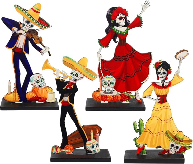 Strdfeve 4 Pcs Day of the Dead Table Top Decorations,Wooden Halloween Sign - skull figurine