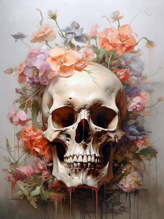 SKRYUIE 5D Skeleton Diamond Painting Kits – DIY Diamond Art Kits for Adults Skull Flower, Full Round Drill – Crystal Cross Stitch – Adults Craft for Wall & Office Decor – 12×16 inch