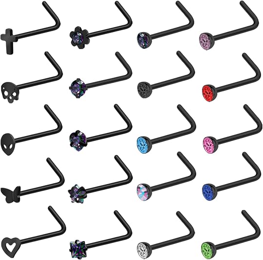 20G Nose Studs - Stainless Steel L-Shaped & Corkscrew Nose Rings for Women & Men - Black Skull Cross Halloween Nostril Piercings - skull ring