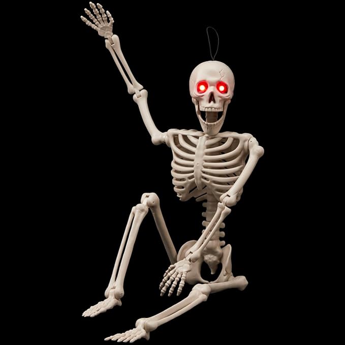 JOYIN 24 Inch Halloween Posable Skeleton with LED Red Glowing Eyes, 2FT Realistic Hanging Skeleton Bone Full Body Movable Joints for Halloween Indoor Outdoor Decoration Prop, Haunted House Party Decor - skeleton
