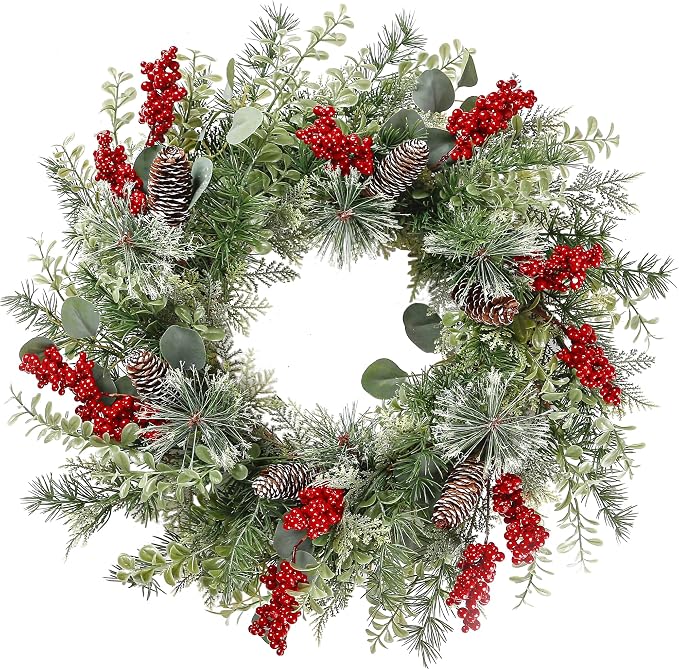 Sggvecsy 21 Inch Artificial Christmas Wreath for Front Door Xmas Red Berry Wreath with Pine Needles Pine Cones Eucalyptus Leaves Christmas Hanging Decorations for Wall Outdoor Home Window Decor