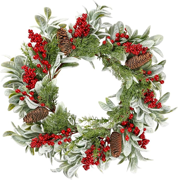 Sggvecsy 19 Inch Artificial Christmas Wreath for Front Door Flocked Lambs Ear Wreath with Red Berries Pine Needles Pinecones Christmas Decorations for Wall Outdoor Home Holiday Xmas Decor - skull wreath