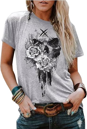 Skull Floral T-Shirt Women Funny Skull Face Graphic Shirt Vintage Summer Casual Short Sleeve Tops Tee - skull tshirt