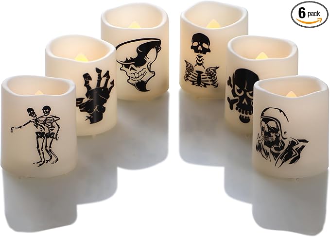 Halloween Battery Operated Flameless LED Votive Candles with Timer 6 Pack - skull candle