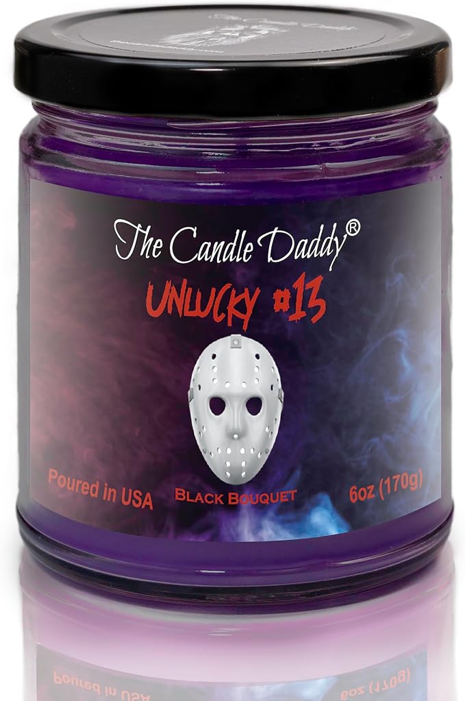 Unlucky #13 - Black Bouquet Scented Horror Movie Candle - Halloween 6 Oz Jar Candle - 40 Hour Burn Time - skull candle