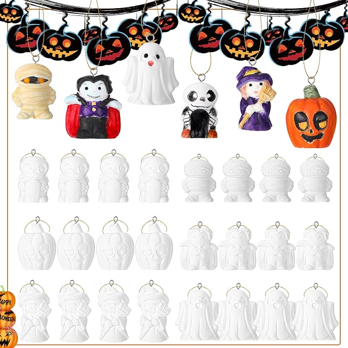 Glimin 24 Pcs Halloween 3D Ceramics to Paint, Make Your Own Kit, 6 Styles - skull painting