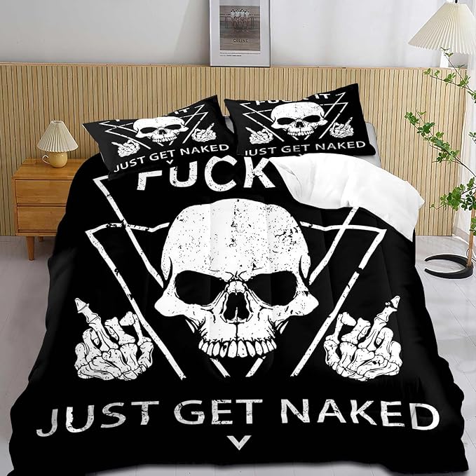 LUVIVIHOME 3PCS Skull Comforter Set Queen Size, Black and White Comforter, Fuck It Just Get Naked Bedding Sets, Skeleton Funny Bedroom Decor for Men Women, Soft Microfiber Quilt, 2 Pillow Shams - skull bedding