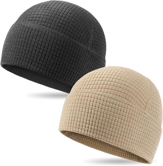 2 Pack Grid Fleece Beanie Watch Cap Waffle Tactical Beanie Multi-Season Army Military Fleece Hat, All Weather Gear - skull hat