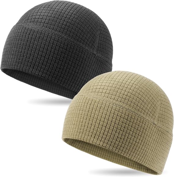 2 Pack Grid Fleece Beanie Watch Cap Waffle Tactical Beanie Multi-Season Army Military Fleece Hat, All Weather Gear - skull watch
