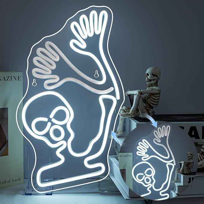 Skeleton Skull Neon Sign White Halloween Waving Ghost Led Flicker Light Up Signs for Wall Decor Usb Powered Fun Lamp Neon Light Sign for Bedroom Beer Bar Man Cave Decor Birthday Halloween Party Gifts - skull lamp