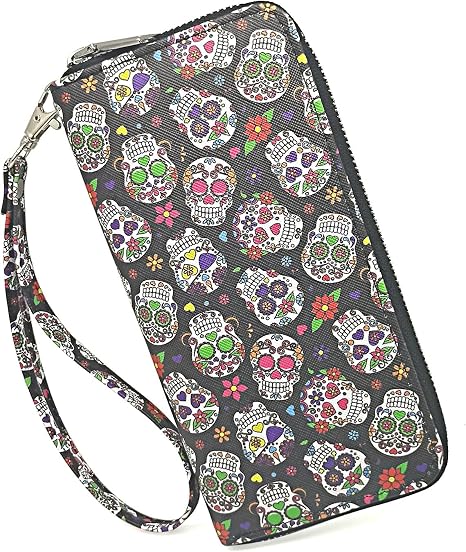 Womens Wallet Gothic Skull Skeleton PU Leather Clutch Wallet Multi Credit Card Large Capacity Zip Around Travel Zipper Purse Wristlet for Women Halloween - sugar skull handbags for sale