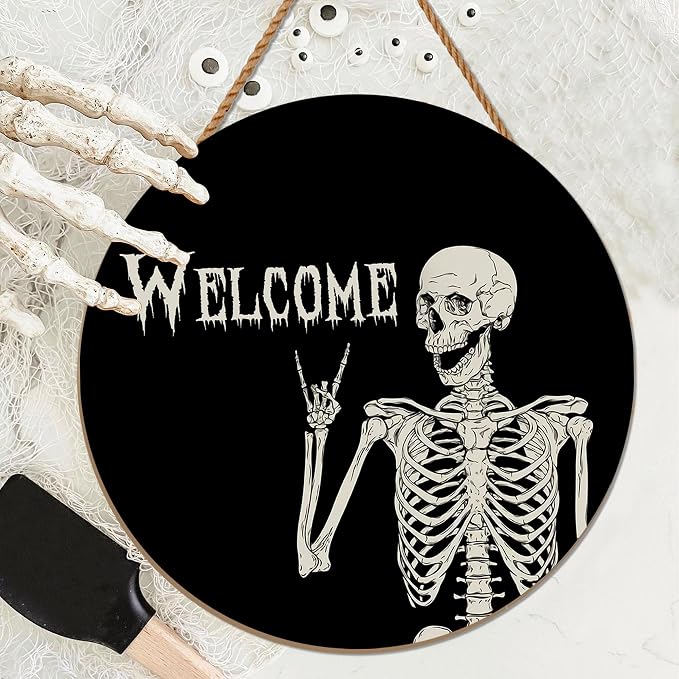 Halloween Decorations Wreath Halloween Skull Welcome Door Sign Front for Door Decoration, Rustic Wooden Holiday Decor for Front Door Porch Window Wall Farmhouse Indoor Outdoor - skull wreath