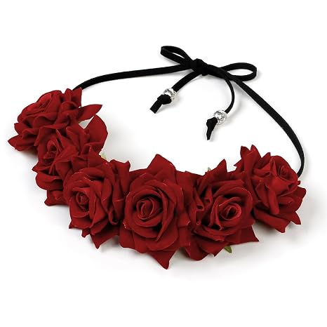 WOVOWOVO Rose Flower Crown Floral Headbands for Women Burgundy Fake Roses Headband for Festival Halloween Cosplay Costume Party Wedding Garland Wreath Hair Accessories - skull wreath