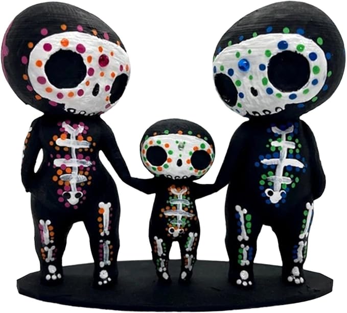 Sugar Skull Couple Figurine Statue Couples Cute Skeleton Mexican Halloween Day of The Dead Figurines Decor(3pcs Family) - skull figurine