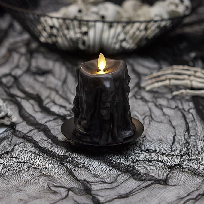 Luminara - Flameless Flickering Moving Flame Battery Operated Unscented Candle LED Décor & Gift- Real Wax Drip Collection - (Heavy Wax Drip Black Pillar, 3.4" x 4.5") - skull candle
