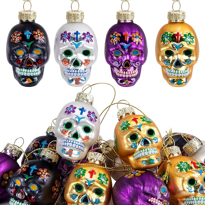 12Pcs Day of The Dead Glass Ornaments, Dia De Los Muertos Sugar Skull Decor - skull candle