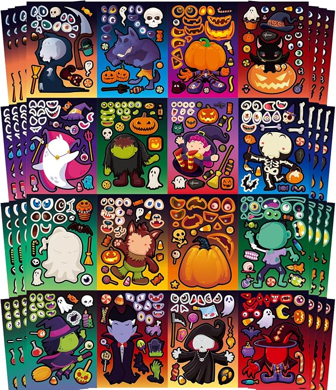 64 Halloween Make-a-Face Sticker Sheets, Party Favors for Kids, 16 Designs - skull sticker