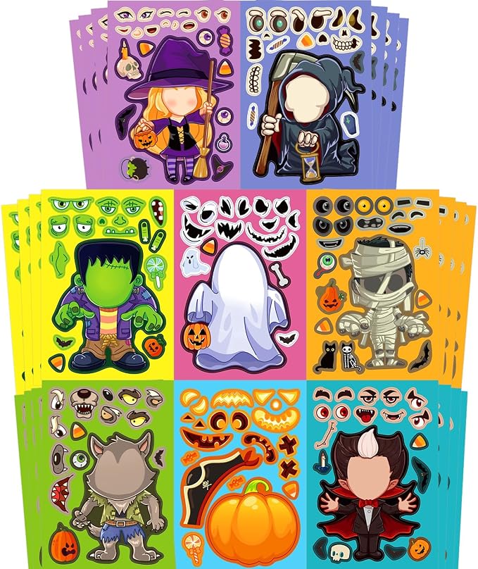 32 Halloween Make-a-Face Sticker Sheets for Kids, Party Favors & Crafts - skull sticker