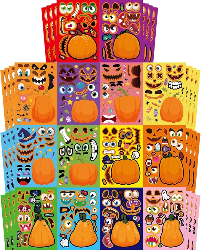 Aowplc 56 Halloween Pumpkin Make-a-Face Sticker Sheets for Kids, 14 Designs - skull sticker
