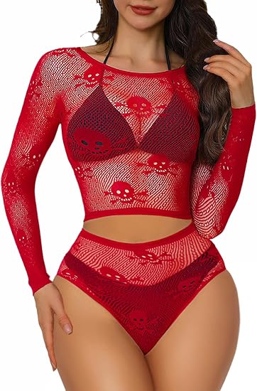 Buitifo Women Lingerie Set Mesh Skulls Top Blouse Cosplay Outfits - skull swimsuit