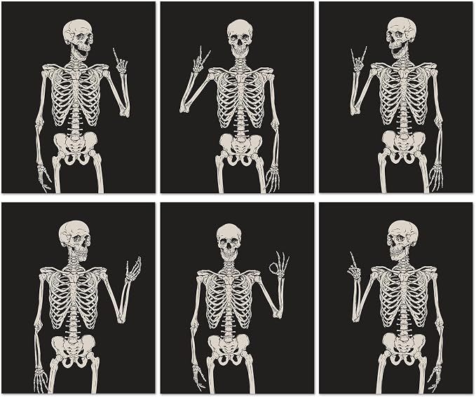 Whaline 6Pcs Halloween Skeleton Skull Wall Art Prints Black White Scary Skeleton Paper Art Posters Aesthetic Wall Decor for Halloween Home Gallery Living Room Bedroom, 8 x 10 Inch (Unframed) - skull wall art