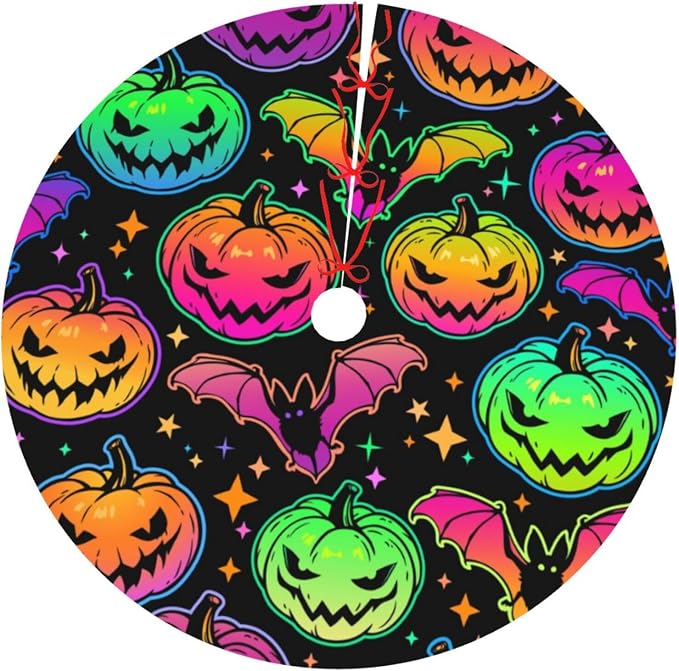 Neon Scary Bat Pumpkin Skull Halloween Colorful 36 Inch Christmas Tree Skirt Carpet Mat Funny Party Decor Supplies for Xmas Halloween Decorations Occasion Ornament - skull carpet