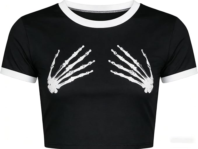 Womens Short Sleeve Graphic Crop Tops Gothic Emo Grunge Punk Halloween Shirts - skull jacket