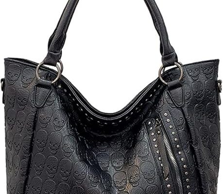 Women Skull Large Tote Bag Rivet Studded Handbag PU Leather Gothic Purse Printing Shoulder Bag Punk Satchel Black