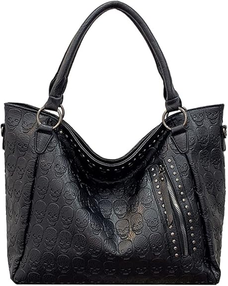 Women Skull Large Tote Bag Rivet Studded Handbag PU Leather Gothic Purse Printing Shoulder Bag Punk Satchel Black