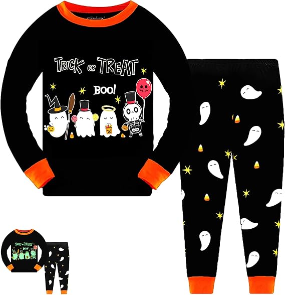 Tkria Kids Pajamas for Boys Skeleton Glow-in-The-Dark Cotton Sleepwear Toddler Clothes Halloween Outfit Size 1-7T… - skull pajamas