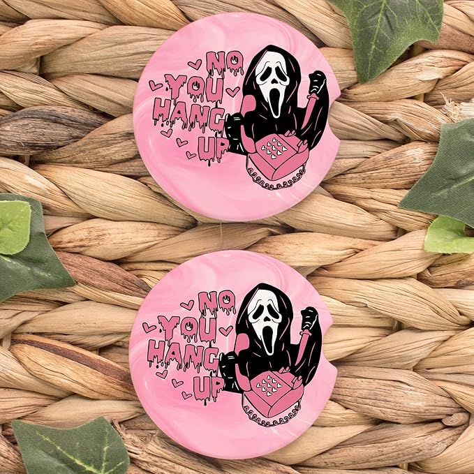 2 PCS Funny Pink Ghost Car Cup Holder Coaster - Cute Ceramic Cup Holder for Halloween Day, Halloween - Horror Skull Automotive Spooky Accessories - skull coaster