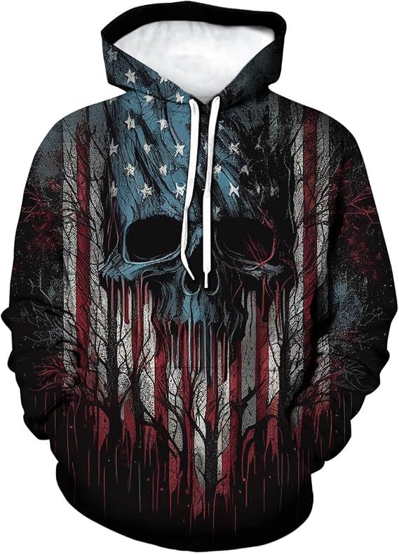 TiwBski Novelty American Flag Hoodies for Men Skull Graphic Hoodie Sweatshirt Pullover - skull hoodie