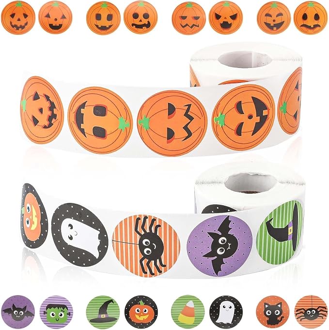 2 Rolls 1000pcs Halloween Stickers, Pumpkin Ghost Spiders Bat Cat Decals - skull sticker