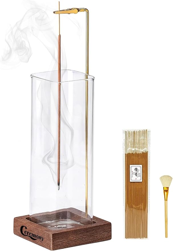 Ceremony Incense Holder, Wooden Incense Burner with Glass Ash Catcher (Transprent Square, One Glass)